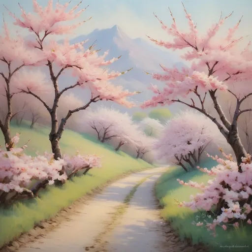Prompt: Pastel landscape with blooming cherry blossoms, soft and dreamy, traditional painting style, gentle brushstrokes, serene atmosphere, high quality, soft pastels, traditional art, cherry blossom trees, dreamy, serene, landscape painting, gentle brushstrokes, traditional style, blooming flowers, peaceful atmosphere, calming colors, professional painting