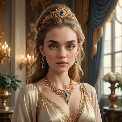Prompt: With a commanding presence, a young woman stands poised against the backdrop of an elegant indoor setting, where soft, golden light filters through large windows adorned with rich drapes. Her flawless complexion and striking blue eyes are highlighted by intricately styled hair, adorned with a decorative golden hairpiece, while opulent earrings and a lavish necklace catch the light, creating a sense of luxury. Dressed in a fur wrap that adds texture and depth, she exudes an air of sophistication and grace, encapsulating a moment that feels both timeless and intimate. The warm color palette of the room enhances her ethereal beauty, suggesting a narrative of elegance and allure in a refined atmosphere.