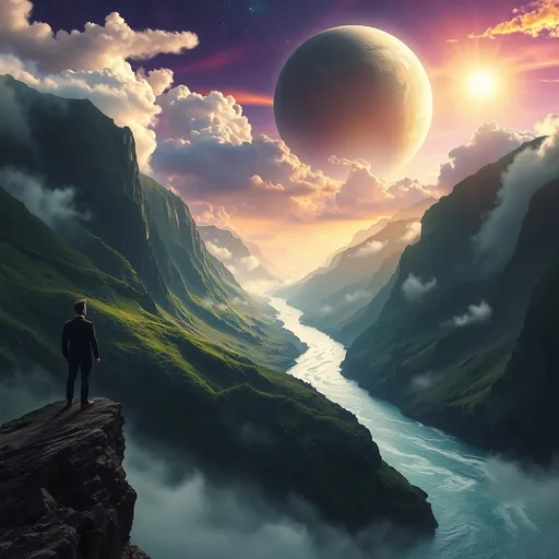 Prompt: Standing on a rugged cliff, a lone figure in a dark suit gazes across a breathtaking landscape where deep green mountains erupt from swirling mists. A majestic river winds its way through the valley, glistening beneath a celestial sky painted with vibrant colors, including purples and golds that hint at a distant sun rising or setting. Above, a massive, surreal planet looms, surrounded by fluffy clouds and a radiant cosmic light, casting an ethereal glow over the scene. The overall composition creates a sense of wonder and grandeur, evoking themes of exploration and the infinite possibilities of a vast universe. The harmonious blend of natural beauty and cosmic elements creates a dreamlike atmosphere, inviting contemplation and awe.