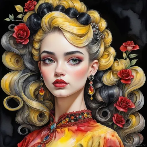 Prompt: <mymodel> beautiful woman, hair pinned up, yellow red black dress, earrings, Watercolor, trending on artstation, sharp focus, studio photo, intricate details, highly detailed, by  Josephine Wall and Jasmine Becket-Griffith