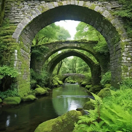Prompt:  a majestic ancient stone bridge, moss-covered arches, lush greenery, serene river flowing underneath