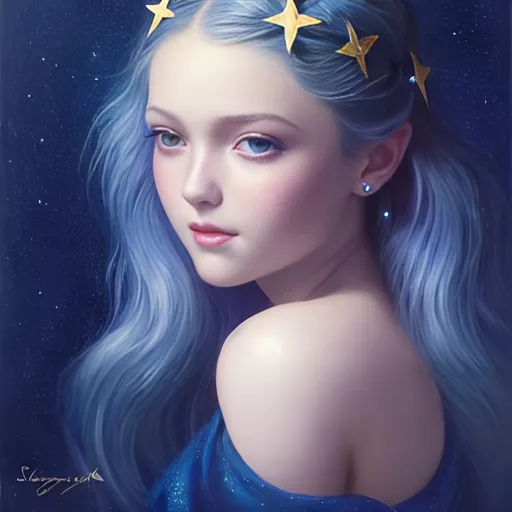 Prompt: a beautiful girl on a dark blue background with gold stars in her hair, shimmer, glow, stars, wavy hair, euphoria makeup, highly detailed girl by artgerm and Edouard Bisson, highly detailed oil painting, portrait of a beautiful person, art by Stanley Artgerm, Charlie Bowater, Atey Ghailan and Mike Mignola,