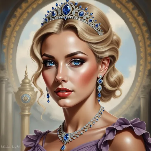 Prompt: a painting of a woman wearing a tiara and a dress with a large diamond necklace on her neck, Charlie Bowater, sots art, highly detailed digital painting, a photorealistic painting