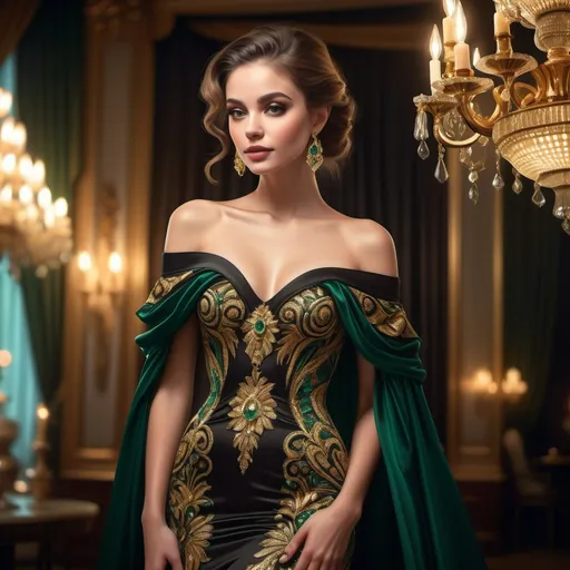 Prompt: In a luxurious and opulent setting, a striking woman stands confidently, draped in a beautifully designed gown adorned with intricate patterns in gold, emerald and black. Her off-shoulder dress, featuring lavish ruffles, accentuates her elegant silhouette and highlights her graceful posture. The scene is illuminated by the warm glow of vintage chandeliers, emphasizing the rich, dark wood paneling and sumptuous fabric of the room. With captivating blue eyes and a poised expression, she accessorizes with a statement necklace and earrings that complement her outfit, exuding an air of sophistication and allure. The overall atmosphere is one of grandeur and timeless elegance, hinting at a story of refinement and celebration.