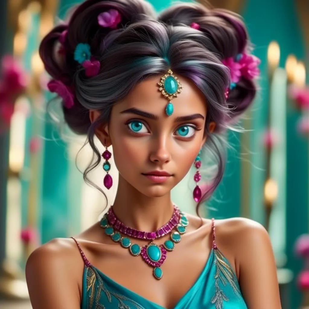 Prompt: <mymodel>An extremely gorgeous woman,  with turquoise jewels, in color scheme of turquoise and magenta