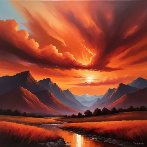 Prompt: Fiery sunset landscape, oil painting, silhouetted mountains, vibrant orange and red hues, dramatic clouds, high quality, realistic, warm tones, atmospheric lighting