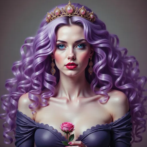 Prompt: a painting of a woman with purple hair and a crown on her head, holding a rose in her hand, Charlie Bowater, fantasy art, trending on art station, a character portrait