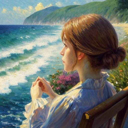 Prompt: impressionism painting, far away, a woman looking at the ocean