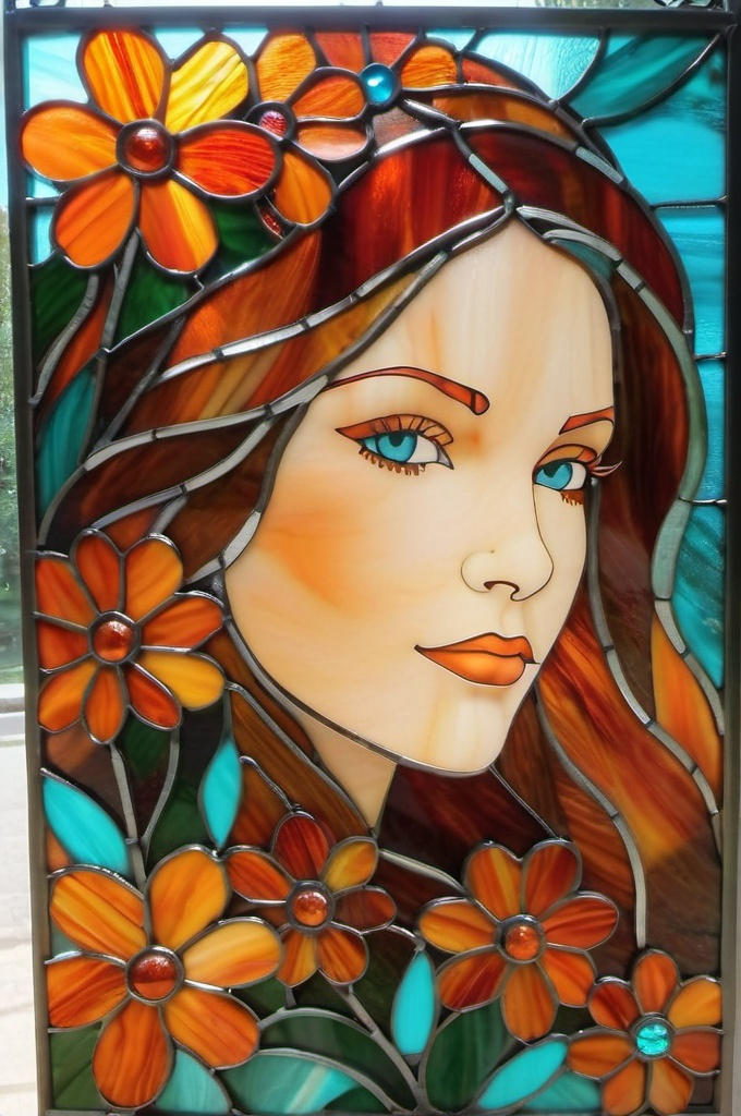 Prompt: Orange flowers with turquoise background