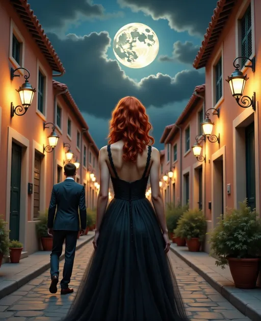 Prompt: A striking scene unfolds in a quaint, narrow alleyway, elegantly illuminated by softly glowing street lamps. A woman with vibrant red, curled hair stands poised, clad in a flowing black gown that accentuates her silhouette as she gazes toward a large, luminous moon peeking through the clouds above. The atmosphere is both moody and enchanting, with the backdrop of terracotta-colored buildings flanking either side, leading to a dimly lit path where a man in a tailored suit walks away, adding an air of mystery. The contrast between the warm light of the lamps and the cool, moonlit sky enhances the dreamlike quality of the moment, evoking a sense of longing and intrigue. The overall composition captures a narrative that speaks of romance and the allure of the unknown under a starry night.