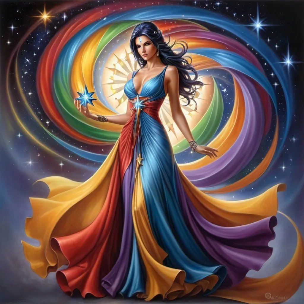 Prompt: a woman in a long dress with a star in her hand and a colorful dress on her body, with a swirling background, Anne Stokes, fantasy art, fantasy artwork, an airbrush painting