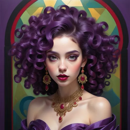 Prompt: Radiating elegance, the central figure captivates with her striking features and vivid style, characterized by cascading purple curls that frame her enchanting face. Her rich, ruby-red lips contrast beautifully with her fair complexion, while large, expressive eyes draw the viewer in. Adorned with intricate earrings that echo the geometric patterns on her strapless top, she stands against a lush backdrop of green foliage and delicate white flowers, creating a harmonious blend of natural and artistic elements. The vibrant color palette enhances the whimsical yet sophisticated atmosphere, suggesting a fusion of modernity and classic beauty. Overall, this artwork conveys a mood of allure and refinement, inviting onlookers to appreciate its unique charm.