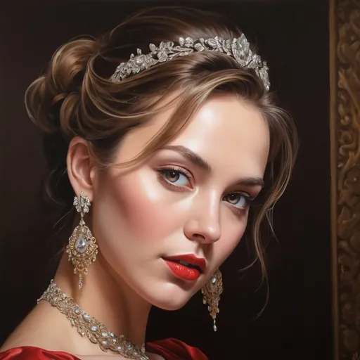 Prompt: <mymodel>Realistic oil painting of a powerful and elegant woman, flowing red gown, intricate jewelry, captivating gaze, detailed facial features, high quality, realistic, oil painting, elegant, flowing gown, powerful, captivating gaze, detailed facial features, intricate jewelry, professional lighting