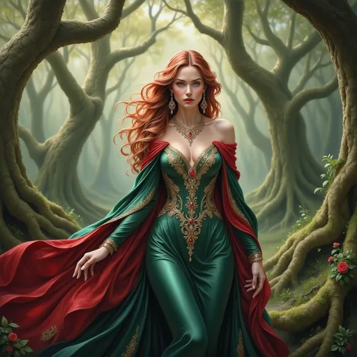 Prompt: In a mystical forest bathed in ethereal light, a young woman stands confidently, embodying an enchanting aura. Her striking red hair cascades in soft waves, contrasting beautifully with her vibrant green gown adorned with intricate patterns, while a flowing red cape enhances her regal presence. Surrounded by towering, verdant trees that appear alive and almost whimsical, the scene evokes a sense of magical realism, with soft shafts of light piercing through the canopy above. The earthy hues and delicate flora at her feet add a touch of tranquility, while the woman’s expression hints at strength and determination, suggesting a narrative steeped in adventure and intrigue within this enchanted woodland realm.