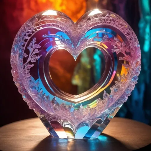 Prompt: Heart-shaped crystal sculpture, glowing with ethereal light, surreal fantasy setting, intricate details, radiant colors, high quality, surrealism, vibrant hues, dreamy lighting