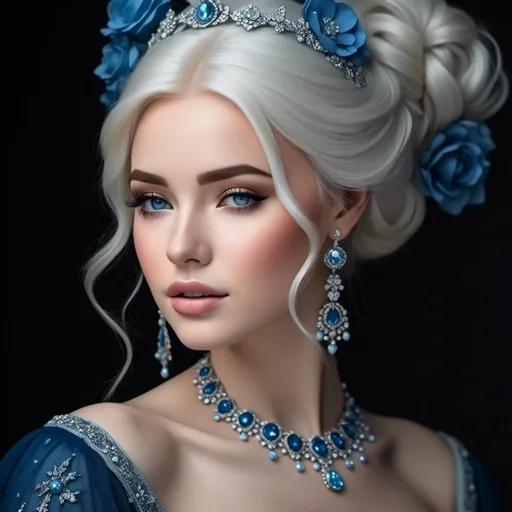 Prompt: <mymodel>A beautiful woman, snow white hair with pastel highlights, frosty blue eyes, blue eyeshadow, blue jewels on forehead