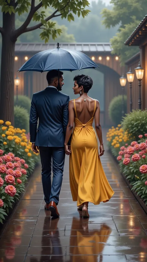 Prompt: A couple strolls hand-in-hand under a blue umbrella, enveloped in the gentle embrace of a rainy day, as vibrant flowers bloom along a well-maintained path that glistens with rainwater. The man, dressed sharply in a dark suit, shares a tender glance with the woman, who brightens the scene in a flowing yellow dress that mirrors the cheerful blooms surrounding them. Lanterns flicker softly in the background, casting a warm glow against the lush greenery and the charming architecture of the nearby house, partially shrouded in mist. As they walk, their reflections dance playfully in the puddles, encapsulating a moment filled with romance and serenity in this picturesque garden setting.