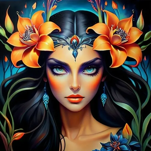 Prompt: Beautiful  hybrid woman with flowers sprouting from her, oil painting, detailed fiery eyes, ethereal glow, dark and mysterious, high quality, vibrant colors, surreal, haunting, intricate floral details, intense gaze, mystical atmosphere, oil painting, demon, hybrid, fiery eyes, ethereal, vibrant colors, surreal, haunting, floral details, intense gaze, mystical atmosphere