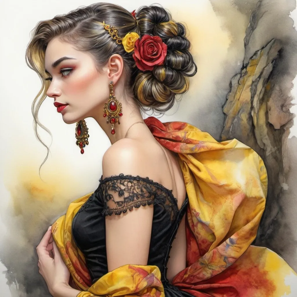 Prompt: <mymodel> beautiful woman, hair pinned up, yellow red black dress, earrings, Watercolor, trending on artstation, sharp focus, studio photo, intricate details, highly detailed, by  Josephine Wall and Jasmine Becket-Griffith