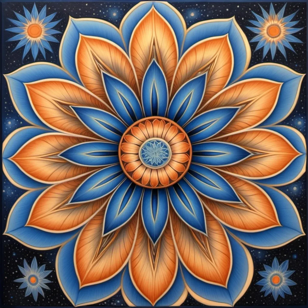 Prompt: a painting of a flower with blue and orange petals on it's petals and stars around it's petals, Amanda Sage, psychedelic art, sacred geometry, an art deco painting