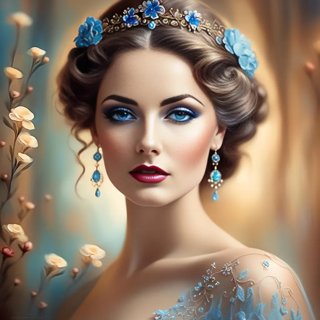 Prompt: <mymodel>beautiful woman, ethereal,dreamscape,, pale blue colors, flowers, closeup