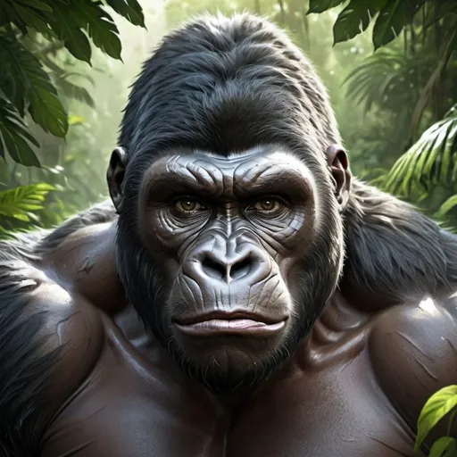 Prompt: Highly detailed digital painting of a human/gorilla hybrid, realistic fur texture, intense and piercing gaze, muscular and powerful physique, jungle setting with lush green foliage, highres, ultra-detailed, digital painting, realistic, intense gaze, muscular physique, jungle setting, lush foliage, hybrid creature, professional, atmospheric lighting