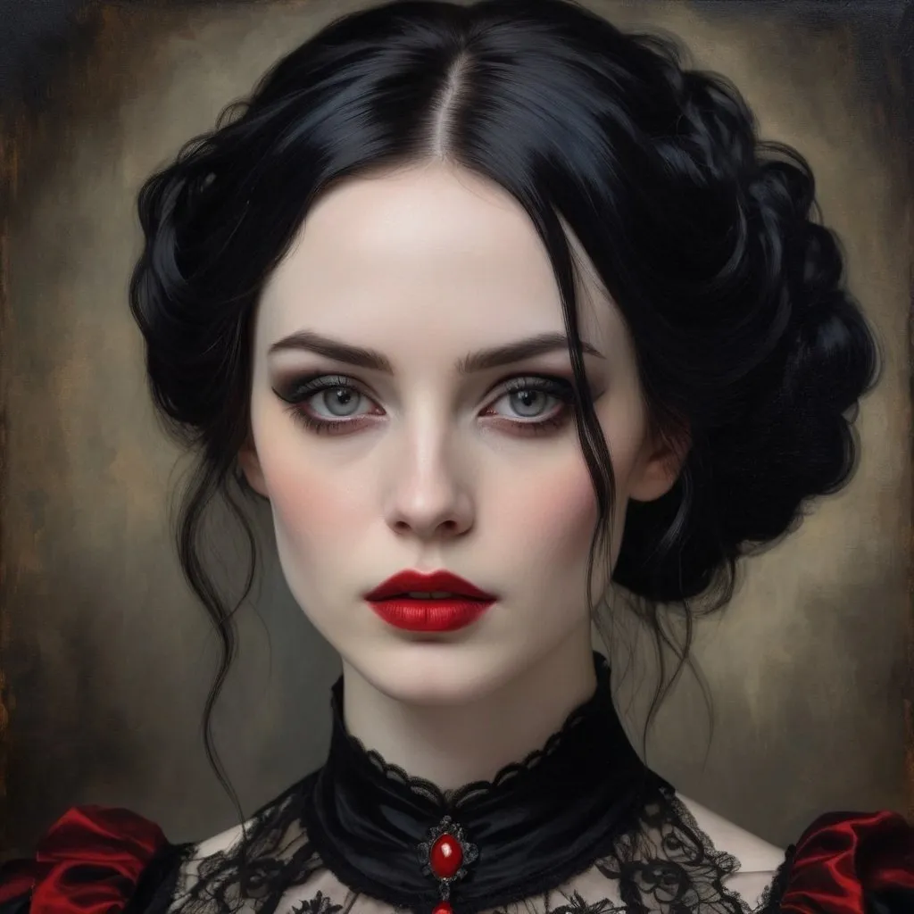 Prompt: Profile portrait of a gothic woman, oil painting, flowing black hair, pale skin, intense gaze, red lipstick, dark eyeshadow, elegant Victorian attire, high quality, realistic, gothic, moody lighting, dark tones, detailed lace, atmospheric, haunting beauty, professional