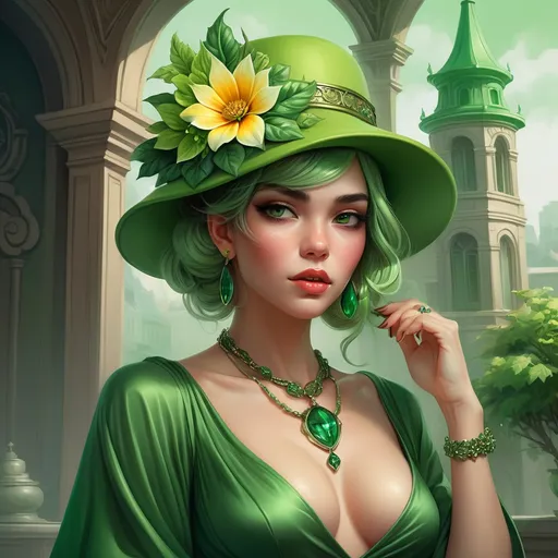 Prompt: a woman wearing a green hat and green jewelry with a flower on her head and a green dress and necklace, Artgerm, fantasy art, highly detailed digital painting, a detailed painting