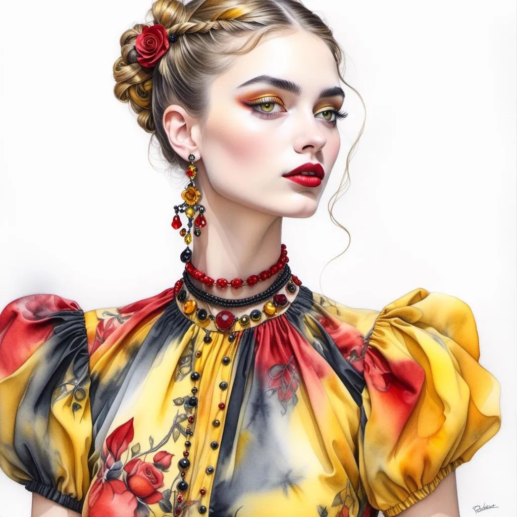 Prompt: <mymodel> Watercolour painting of a Dolce and Gabbana model, portrait, woman portrait, beautiful, high fashion, Vogue