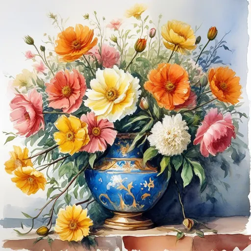 Prompt: A watercolor  painting of a vase  of flowers