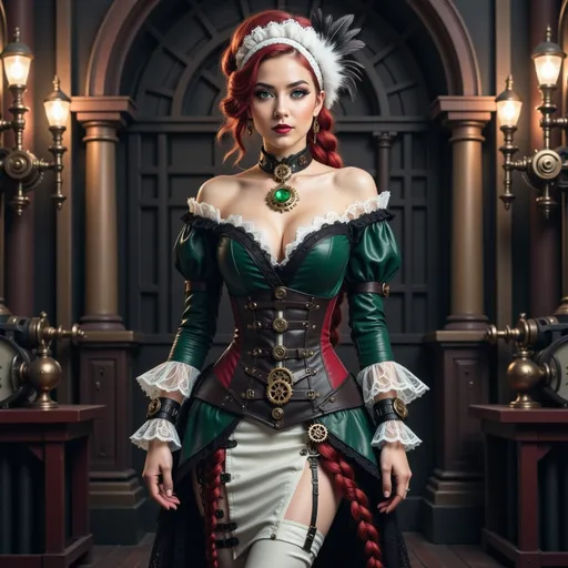 Prompt: This is a highly detailed, digital CGI image of a striking, fair-skinned woman with red, wavy hair adorned with a black feather. She stands confidently in a luxurious, ornate room with large arched windows and cream-colored walls. The woman is dressed in a dark green, Victorian-inspired corset with black lace trim, puffed sleeves, and a long, flowing train that pools on the polished floor. Her corset is cinched tightly. She wears black, strappy high heels. Her hands are clasped in front of her, drawing attention to a gold belt with an ornate buckle. She has a green pendant necklace. The room features two brass wall sconces with warm, glowing light and a white radiator to the left. The windows allow soft, natural light to illuminate the scene, highlighting the textures and colors of her outfit and the elegant room. The overall style is a blend of Victorian and steampunk aesthetics, creating a visually captivating and detailed image.
