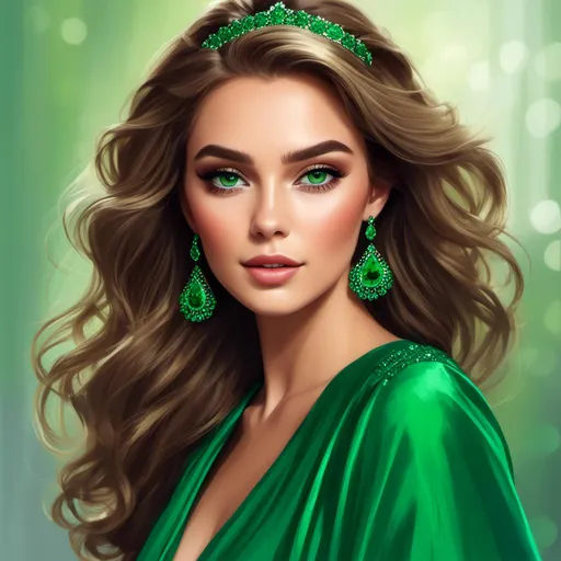 Prompt: <mymodel>Detailed illustration of a woman in vibrant green attire, large vivid green eyes, elegant makeup, digital painting, high resolution, realistic style, vibrant green, professional lighting