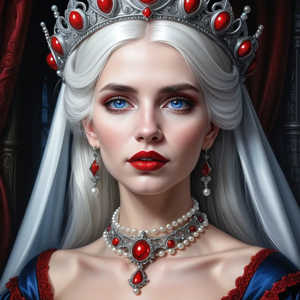 Prompt: a woman with  white hair, blue eyes, red lips, a tiara and pearls on her head and a red lip and a blue dress with a red and white collar, Anne Stokes, gothic art, highly detailed digital painting, a detailed painting