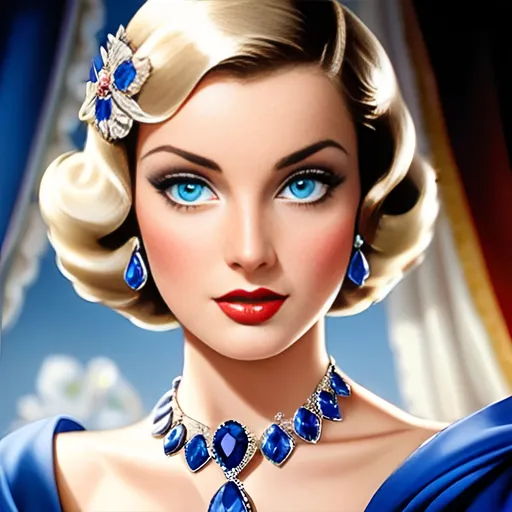 Prompt: Glamorously dressed lady of rhe 1930's wearing sapphire jewelry,blue eyes