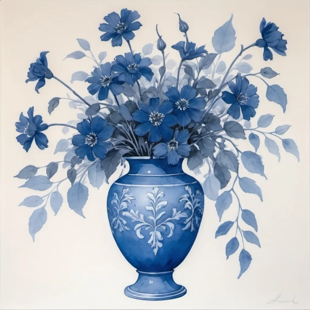 Prompt: a blue vase with blue flowers in it on a white background with blue leaves and stems in it,, Alison Kinnaird, modern european ink painting, in gouache detailed paintings, a silk screen