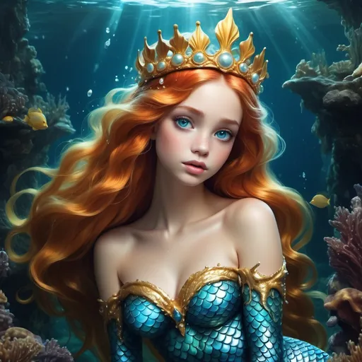 Prompt: A mermaid, her hair is golden red, with a golden crown on her head, and her tail is golden and blue. She is very dreamy. Under the water, she drops a drop of pearl tears. Her light blue eyes are very deep and very long. pretty, show her full body