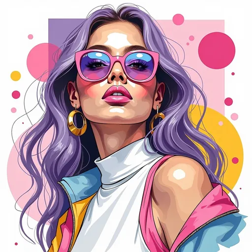 Prompt: This image is a vibrant, digitally-created pop art illustration of a young woman with a modern, stylish appearance. She has long, wavy purple hair that cascades over her shoulders and down her back. She is wearing large, reflective pink and blue sunglasses that cover her eyes, giving her a mysterious and cool look. Her lips are painted a bold pink, matching her earrings, which are large, circular, and pink. She is dressed in a sleeveless, white top with a high neckline and a colorful, abstract-patterned jacket that has bright pink, yellow, and purple sections. The background is a geometric mix of pink, yellow, and white shapes, including circles and a large, angled rectangle, creating a dynamic and energetic atmosphere. The overall style of the illustration is reminiscent of 1980s pop art, with bold colors, sharp lines, and a playful, yet chic aesthetic. The woman's confident pose and the vibrant color palette make the image striking and eye-catching.