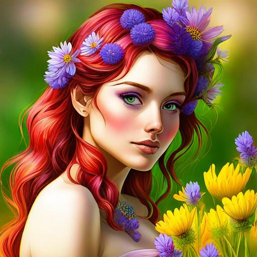 Prompt: a fairy of spring, ,wildflowers, vivid colors,  facial closeup