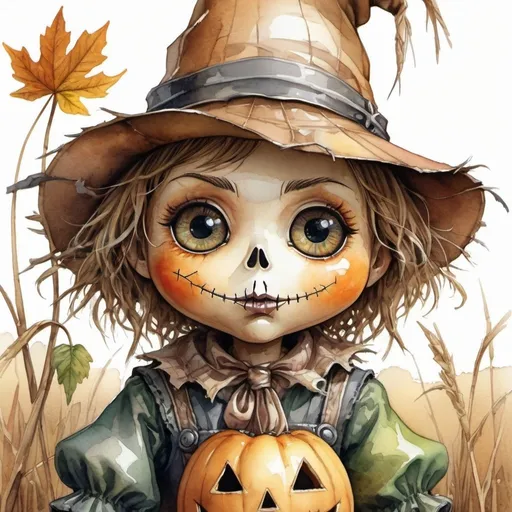 Prompt: watercolor & ink close up Portrait of an adorable cute  whimsical small pouting chibi scarecrow with reflective gorgeous JUMBO_hyperdetailed_eyes , 3d, deviantart, a masterpiece, deep depth of field, by Craig Mullins, perfect composition, beautiful natural background