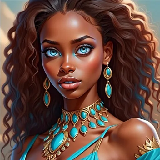 Prompt: <mymodel>An extremely gorgeous woman,  with turquoise jewels, in color scheme of turquoise and gold