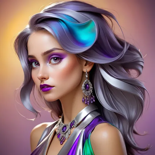Prompt: Woman in colors of silver and purple
