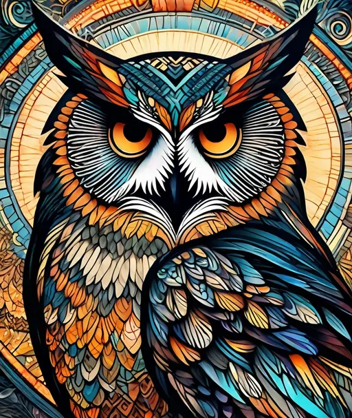 Prompt: up-close hyper realistic owl fractal zentangle colorful art. medieval grunge