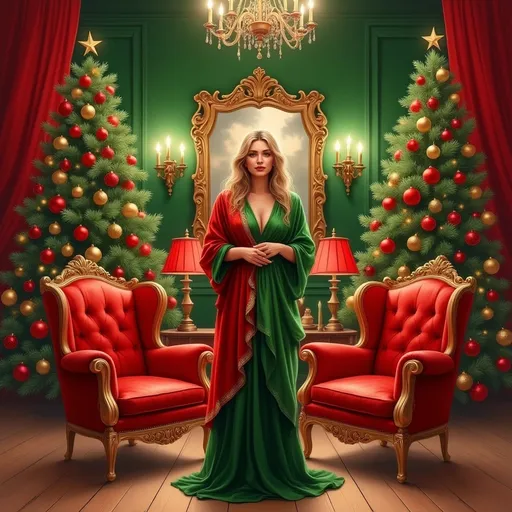 Prompt: This is a digital illustration in a highly detailed, realistic style. The central figure is a blonde woman with wavy hair, standing in a festive, opulent room. She is wearing a green and red Christmas-themed gown with a deep V-neck, green bodice, and a red, floor-length, flowing skirt with gold accents. Her hands are positioned gently near her chest, and she gazes directly at the viewer with a poised expression.

The background features two ornate, red, tufted armchairs with gold trim, positioned on either side of the woman. Between the chairs, there is a green wall adorned with two large, decorated Christmas trees, each adorned with red and gold ornaments and twinkling lights. Flanking the trees are two table lamps with red shades, casting a warm glow. Above the scene, a grand, gold-framed mirror reflects the chandelier hanging from the ceiling, which has numerous lit candles. Red, heavy curtains frame the scene, adding to the festive atmosphere. The wooden floor adds a touch of warmth to the rich, red and green color palette. The overall composition exudes a Christmas celebration in a luxurious, elegant setting.