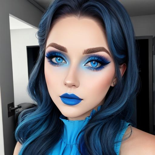 Prompt: A woman all in blue, blue eyes, pretty makeup