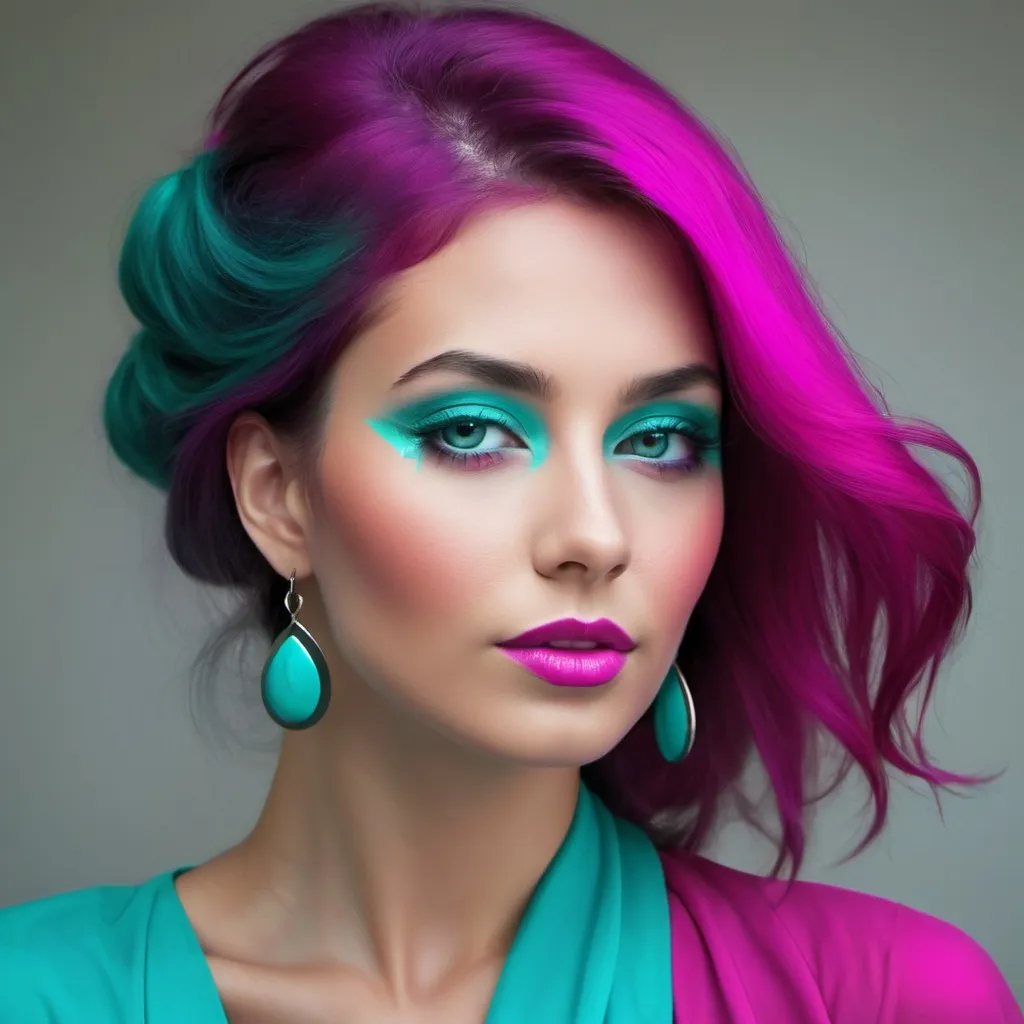 Prompt: A beautiful woman in colors of turquoise and magenta