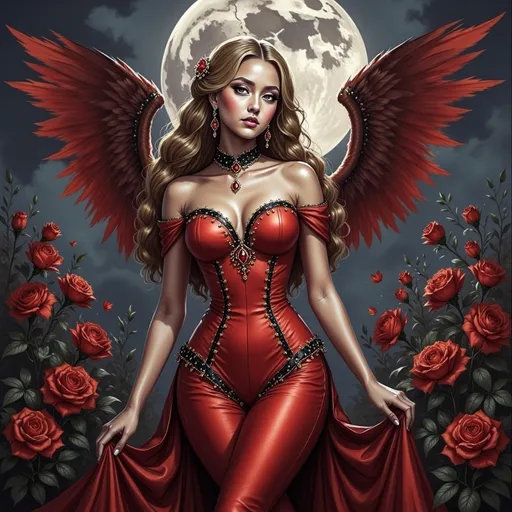 Prompt: a woman in a red dress with wings in front of a full moon with roses in the foreground, Anne Stokes, gothic art, dark fantasy art, a detailed painting