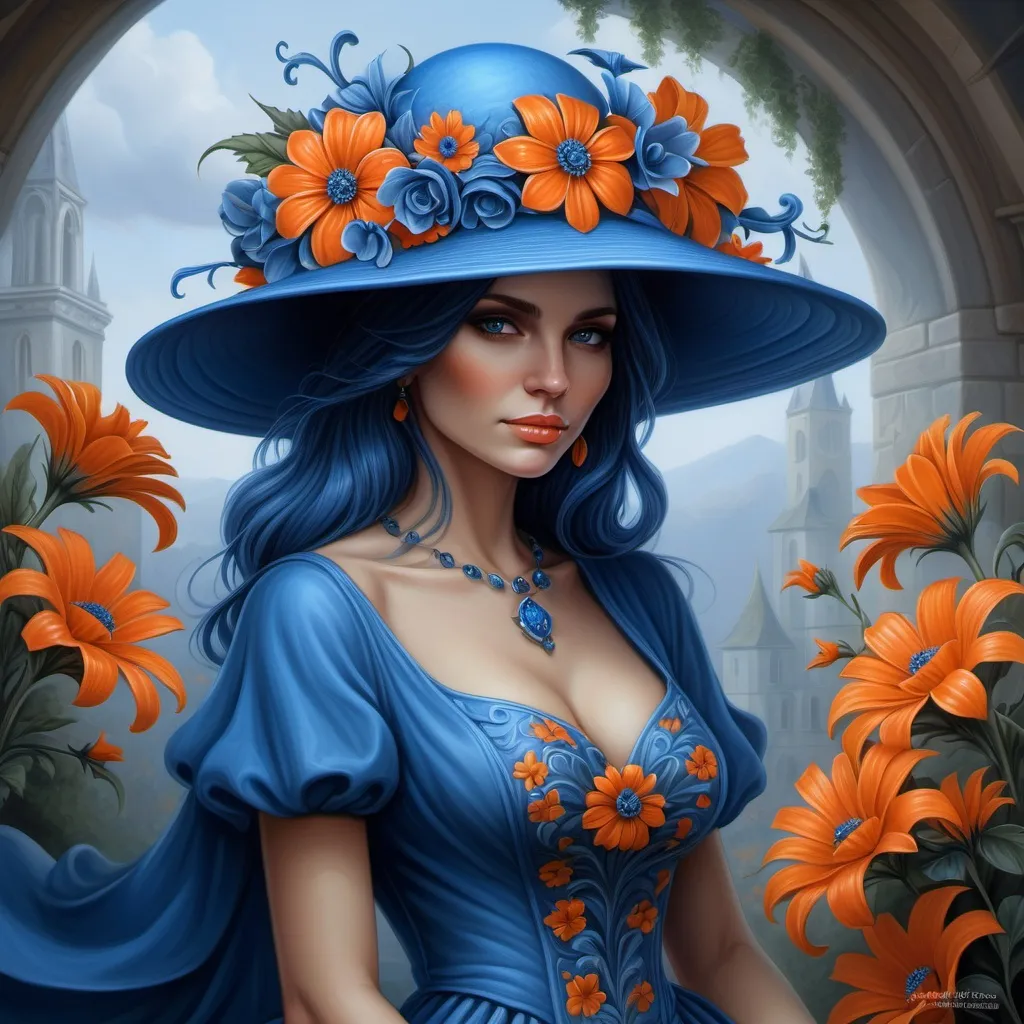 Prompt: a painting of a woman wearing a large  blue hat with  orange flowers on it and a blue dress, Anne Stokes, fantasy art, highly detailed digital painting, a fine art painting