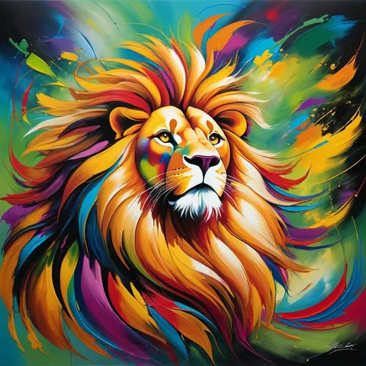 Prompt: Abstract surrealism painting of a majestic lion, vibrant and bold brushstrokes, exaggerated features, vivid colors, dreamlike atmosphere, high quality, surrealism, vibrant colors, abstract art, majestic lion, dreamlike, bold brushstrokes