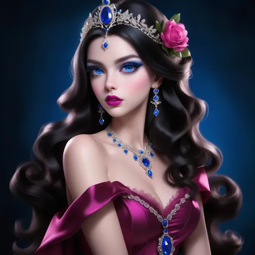 Prompt: <mymodel>a Sapphire lady, feminine elegant princess ,  dark hair, large blue eyes, wearing jewls in her hair,  beautiful makeup, blue eyeshadow, dark pink lipstick, facial closeup