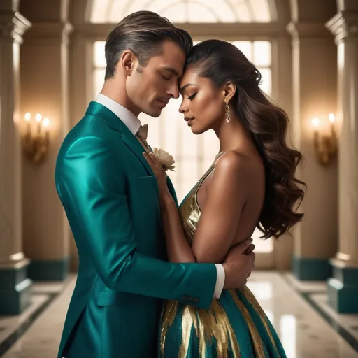 Prompt: Bathed in warm, soft light, an elegantly dressed couple leans intimately close, foreheads touching as if lost in a moment of shared emotion. The man, clad in a fitted teal suit, exudes confidence with his stylishly groomed hair, while the woman, adorned in a shimmering gold gown, displays a poised expression complemented by her flowing dark curls and delicate accessories. Their surroundings depict a grand interior, complete with classical columns and softly glowing sconces, enhancing the romantic atmosphere. The contrasting colors of their attire and the setting create a harmonious blend of sophistication and warmth, suggesting a narrative rich with anticipation and connection, capturing the essence of love and elegance in this lavish setting.